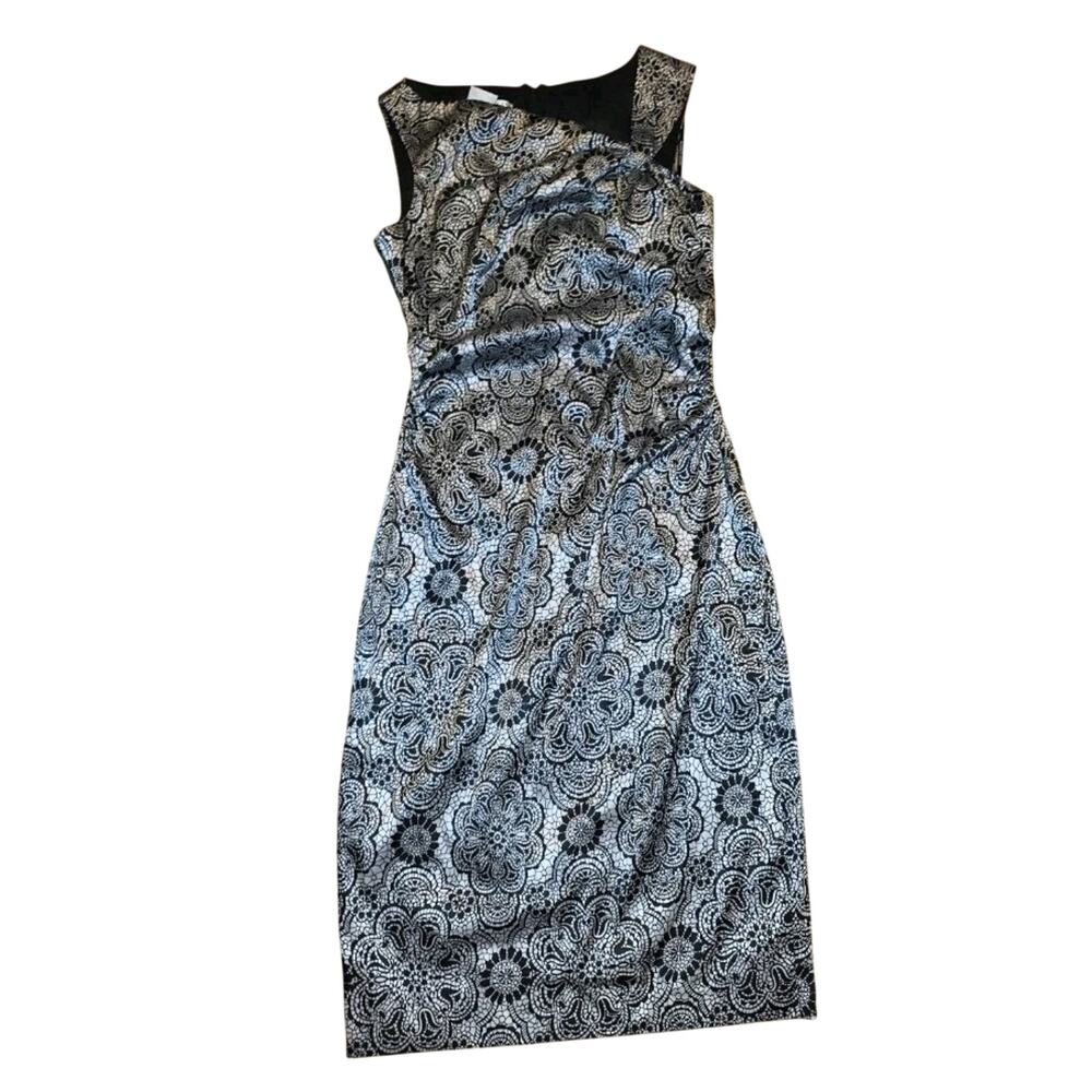 Maggy London Sleeveless Dress Black Silver Floral Metallic Workwear 10